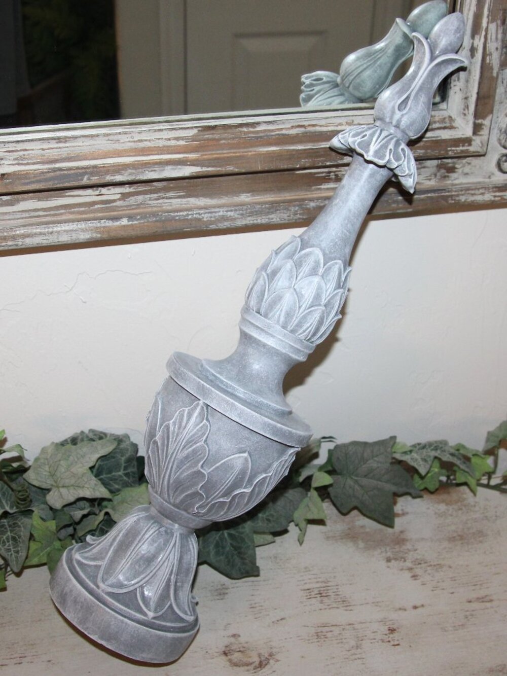 Large Ornate 21" Shabby Chic French Frosted Gray Finial Decor Spire
